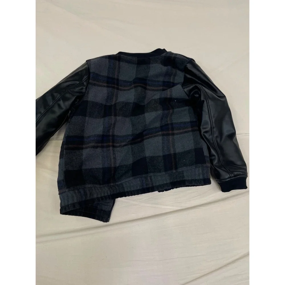 Cat & Jack Boys Plaid Bomber Jacket Faux Leather Sleeves Grey Black Size S 6/7